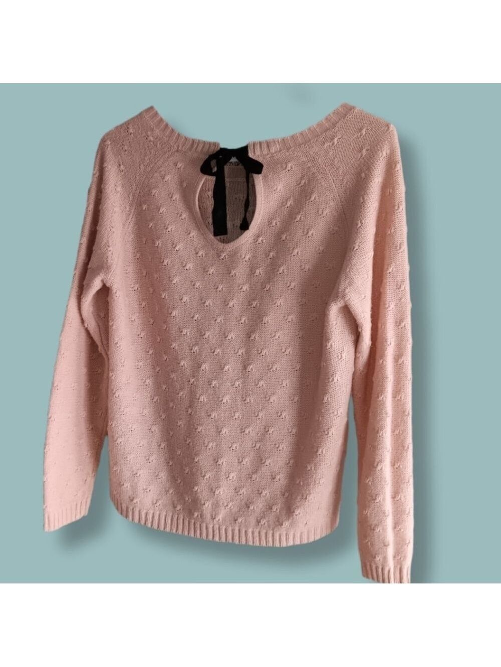 Peachy Pink Long Sleeve Sweater with Black Ribbon Tie Size M